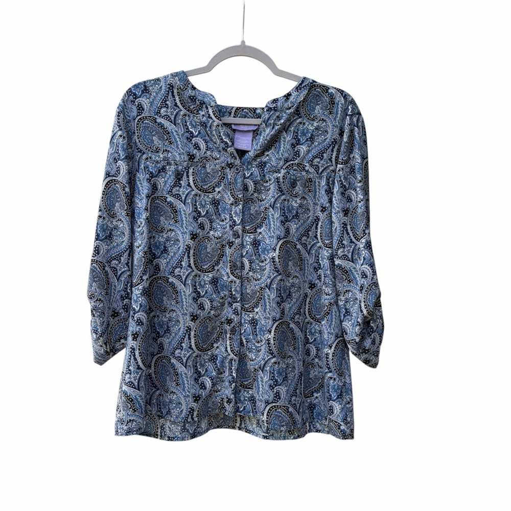 Laura Scott Blue Paisley Blouse Roll Button Sleeve Button Down Women Size XLP